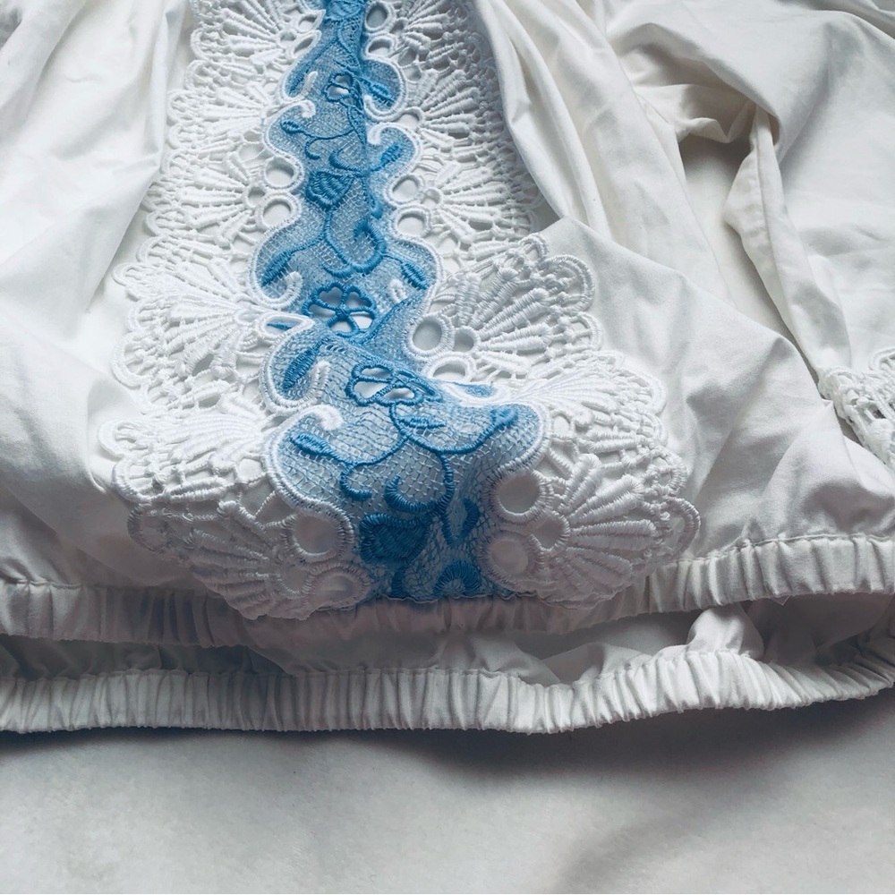 White Off-Shoulder Crop Top with Blue Lace Trim • Express Size XS - Picture 5 of 11